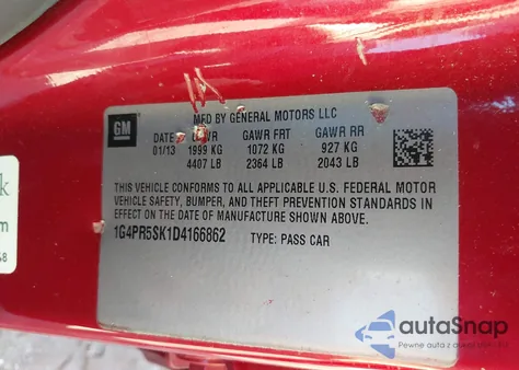 2013 Buick Verano Convenience Group from USA, damaged, VIN 1G4PR5SK1D4166862